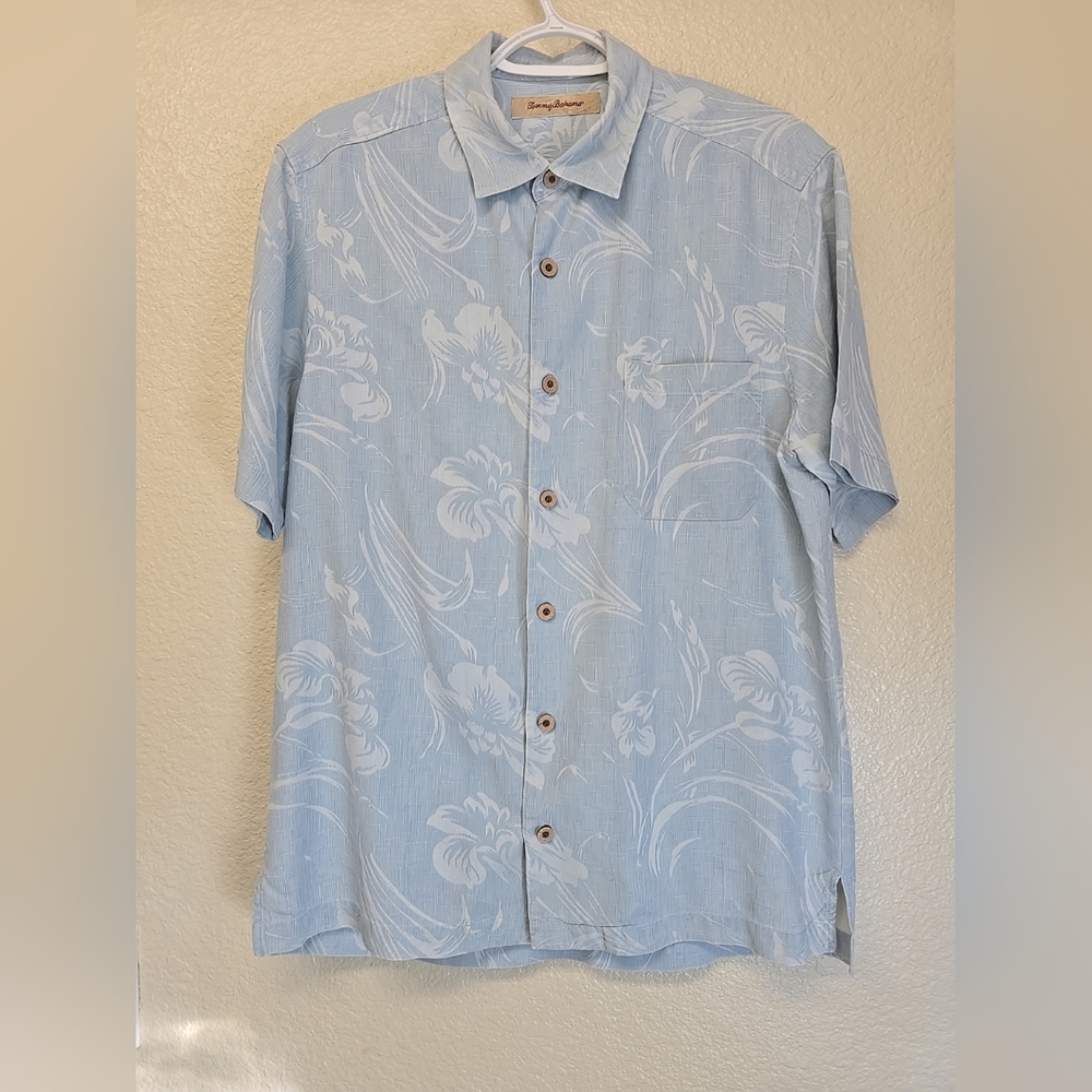 Tommy Bahama Floral Hawaiian Shirt 100% Silk Blue Short Sleeve Mens EXCELLENT Co